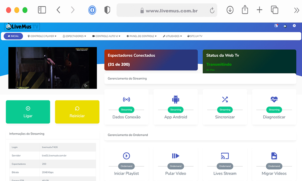 Painel para criar sua WebTV online